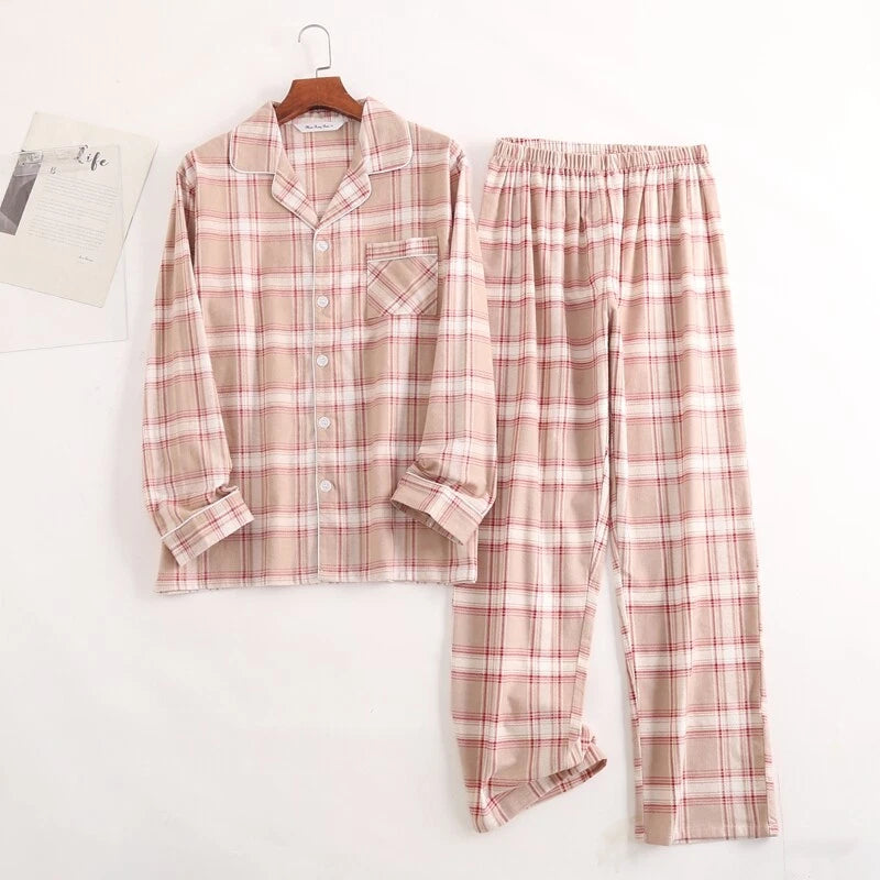 Men's Pajamas Set 100% Cotton Sleepwear Long Sleeve Button Top Pants Nightwear