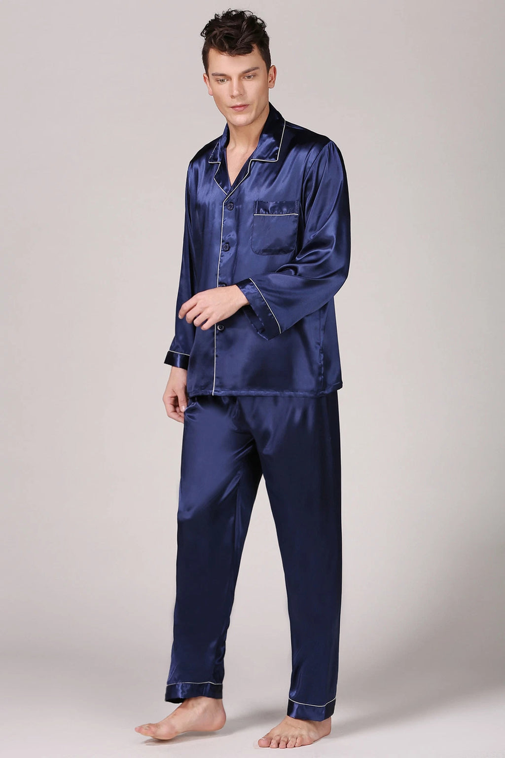 Mens Satin Silk Pyjamas Set Long Traditional Button Up Pyjama PJs Nightwear New