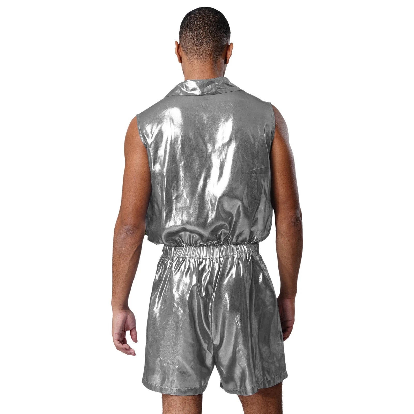 Men Shiny Glossy See-Through Metallic Chiffon Jumpsuit Bodysuit /Pajama Set
