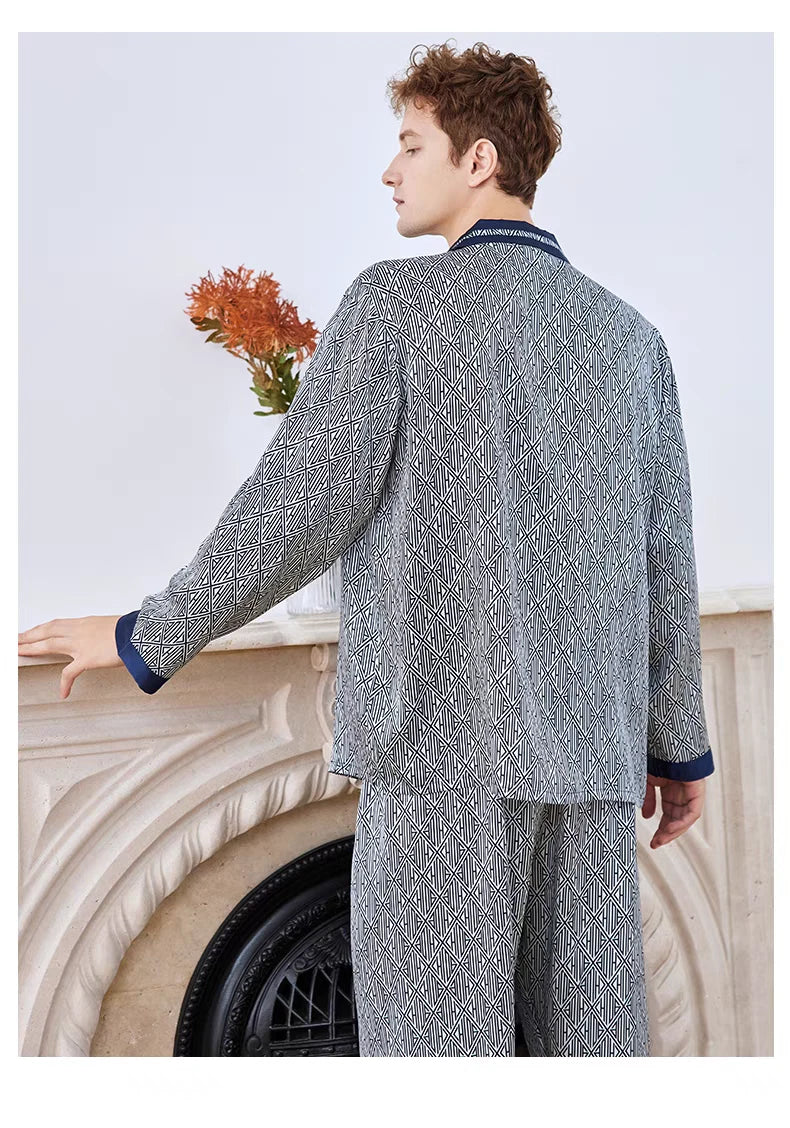 Men's 19MM 100% Pure Mulberry Silk Pajamas Set Print Silk Sleepwear M L XL