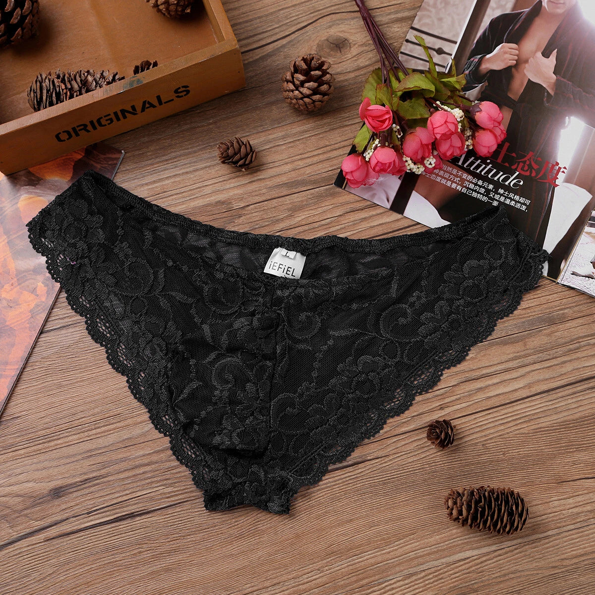 Men Ruffled Lingerie Set Cami Straps Bandeau Bra Thong 2Pcs Crossdresser Pajamas