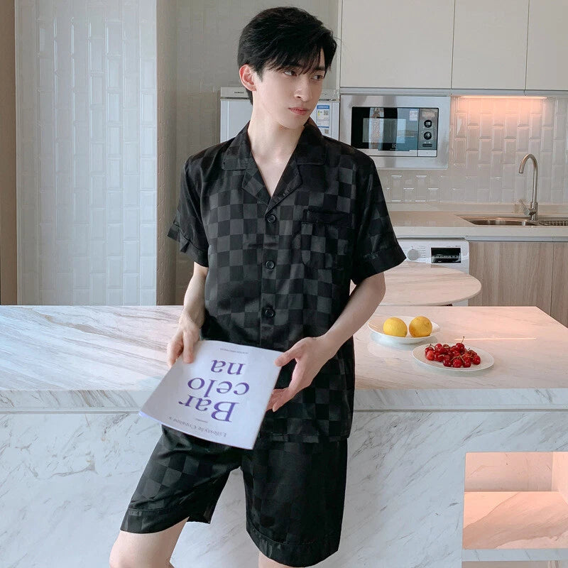 Men Silk Satin Pajama Set Print Sleepwear Loungewear Long Sleeve Shirt Nightwear