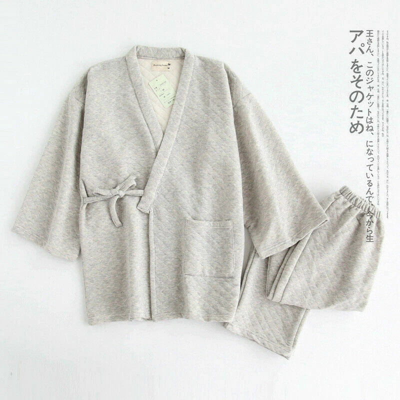 Winter Japanese Men Pajama Sleep Wear Top Pant Wadded Cotton Kimono Set