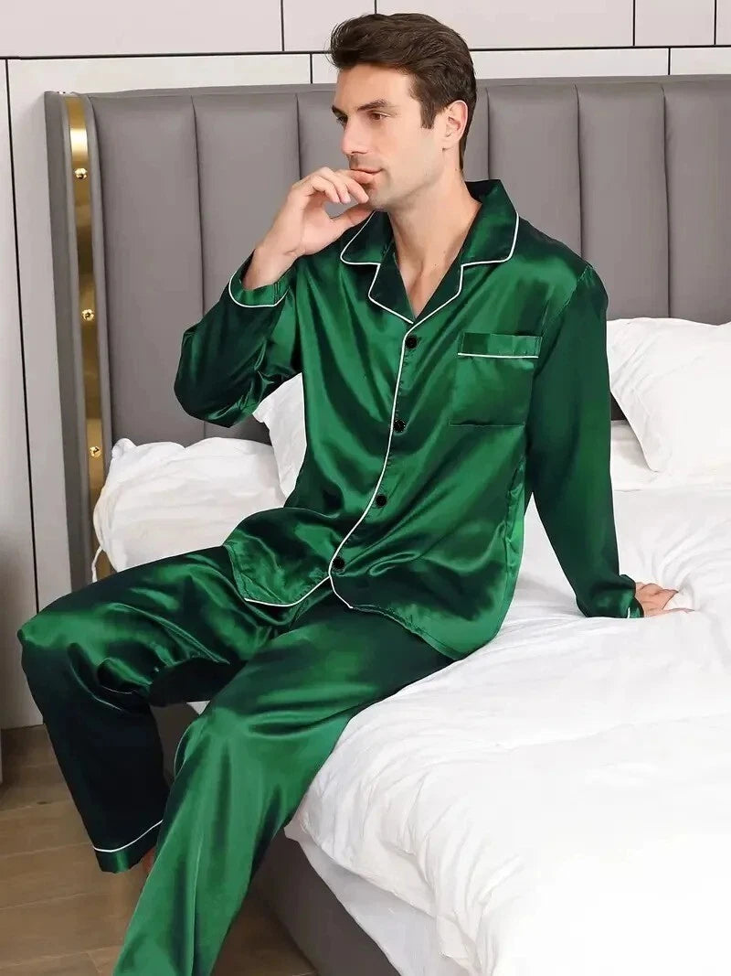 Men's Silk Satin Pajama Set Long Sleeve Soft Sleepwear Loungewear Suit