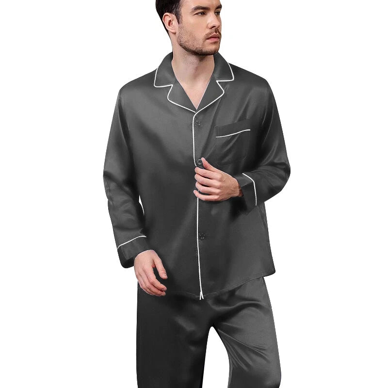 Mens Silk Satin Pajamas - PJ Set Top and Bottom - Grey White Piping