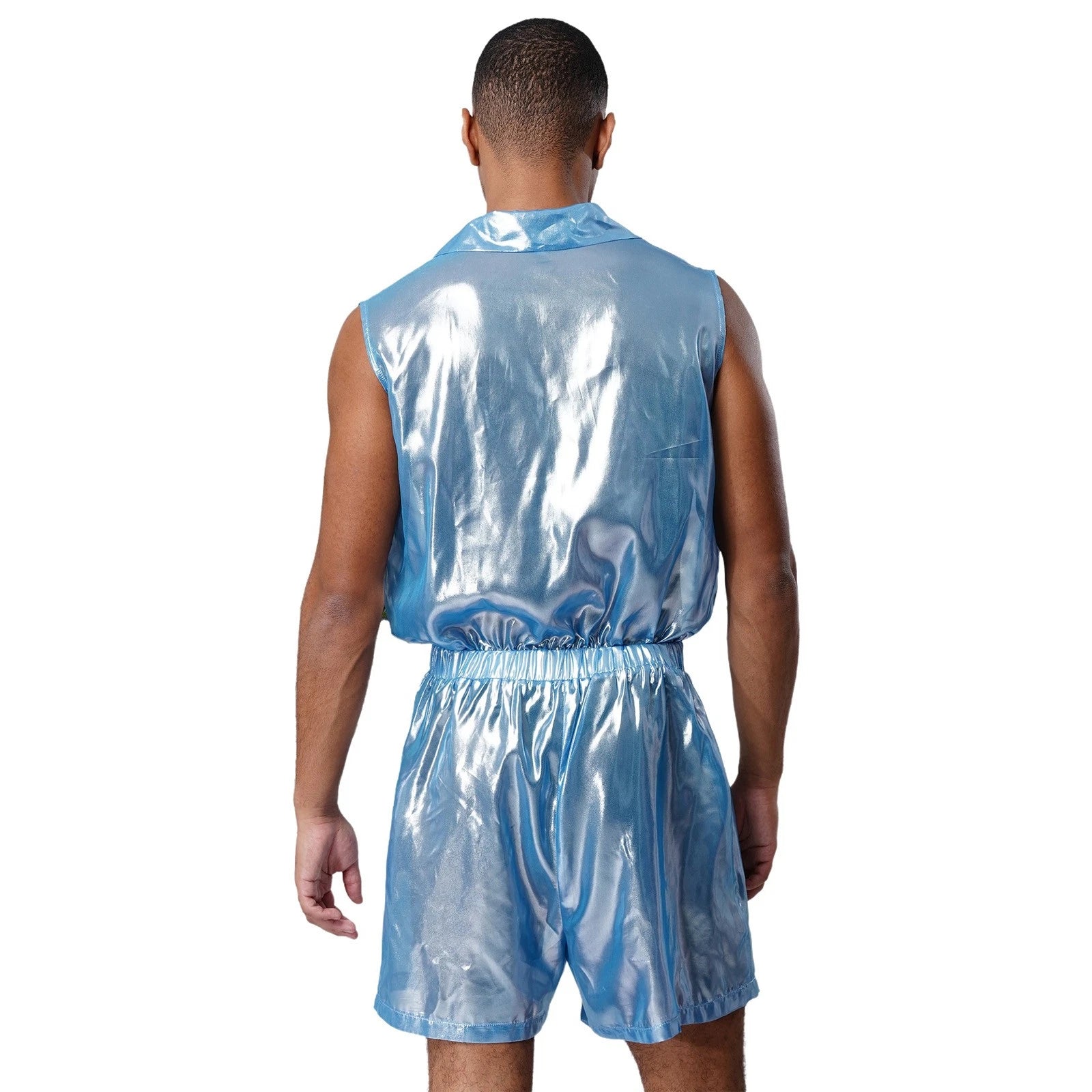 Men Shiny Glossy See-Through Metallic Chiffon Jumpsuit Bodysuit /Pajama Set