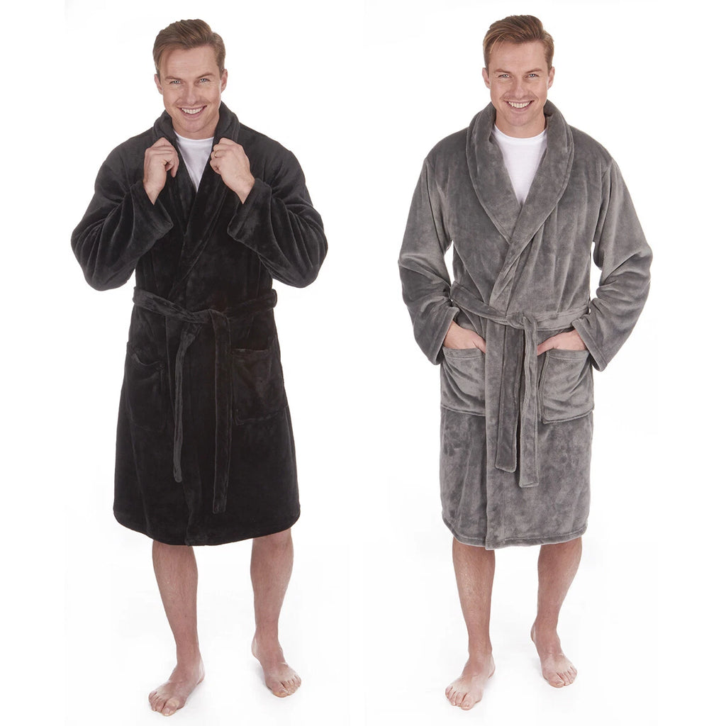 Mens Dressing Gown Robe Flannel Shawl Collar Nightwear Soft Fleece PIERRE ROCHE