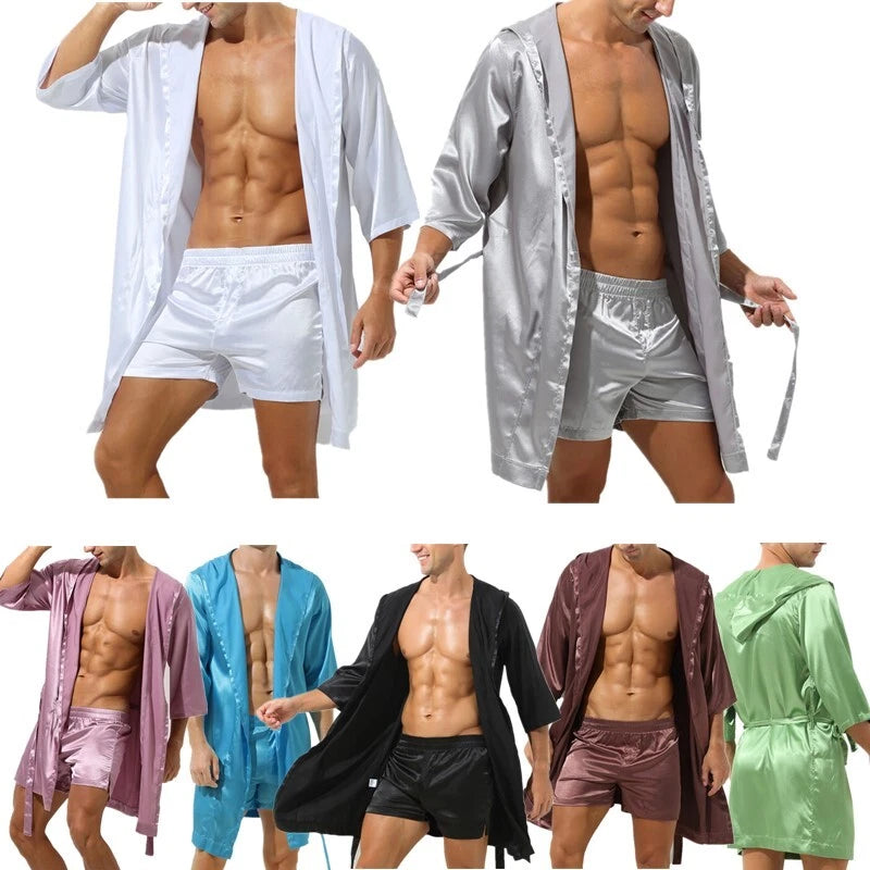 Men's Hooded Robe Set Silk Satin Night Gown Bathrobe Pajama Hot Pants Underwear