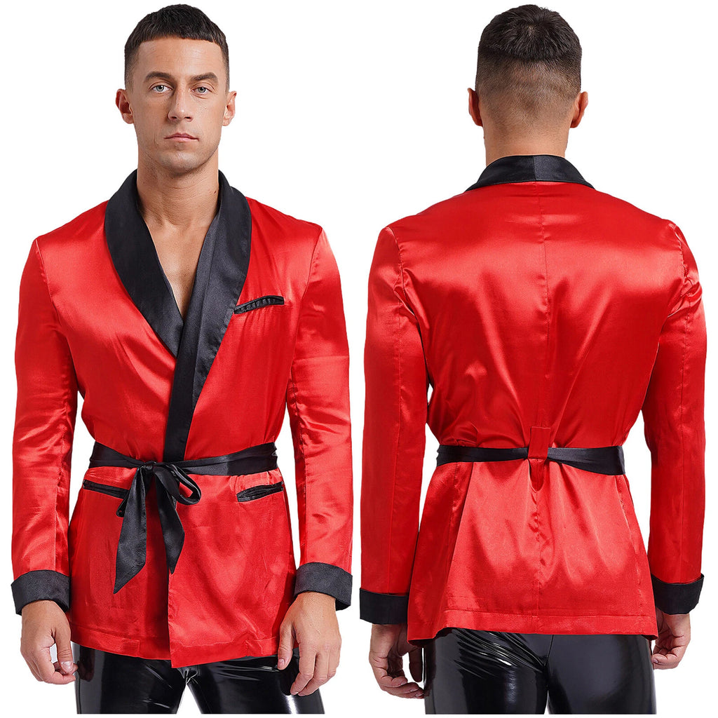 Men's Silk Satin Pajamas Set Short Sleeves Top and Bottom Boxer Shorts Shirt Set