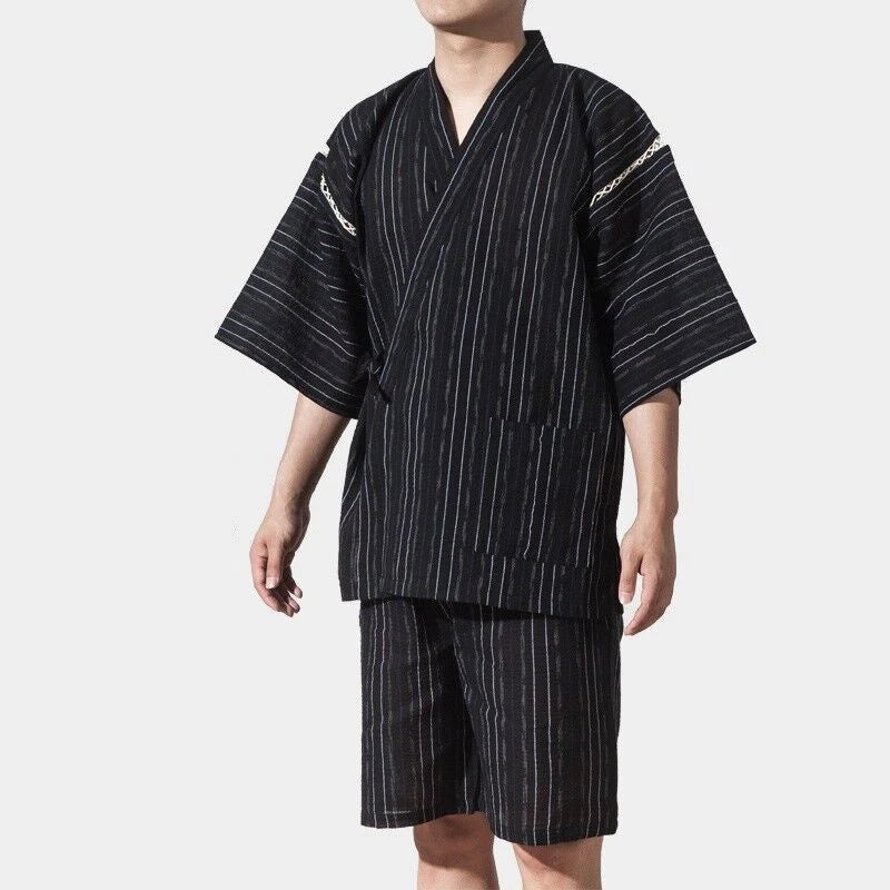 Men Japanese Kimono Pyjama Sets Yukata Jinbei Traditional Stripe Soft Nightwear