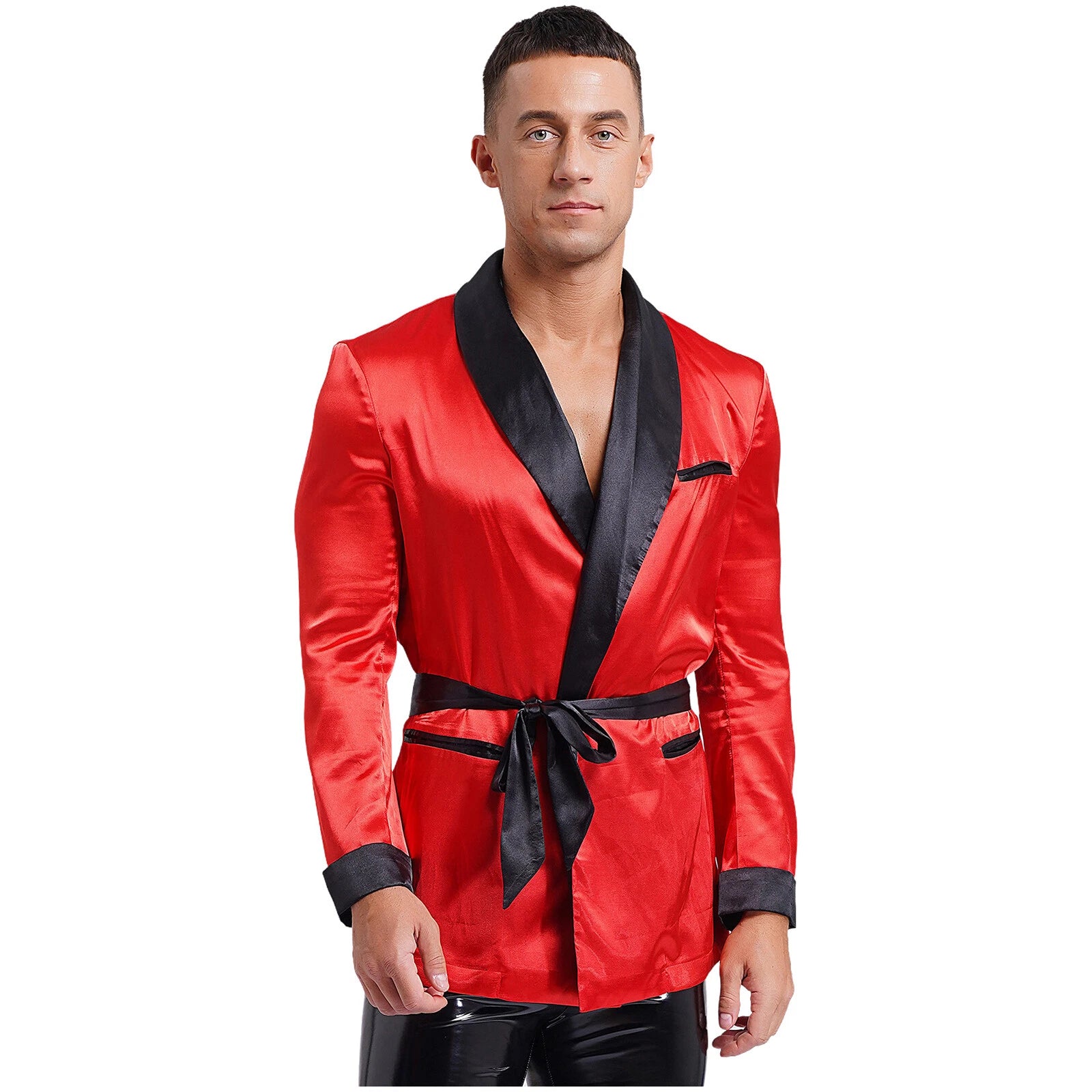 Men's Silk Satin Pajamas Set Short Sleeves Top and Bottom Boxer Shorts Shirt Set