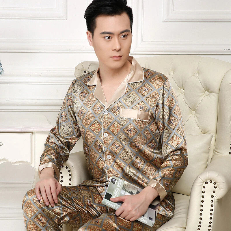 Men Silk Satin Pajama Set Print Sleepwear Loungewear Long Sleeve Shirt Nightwear