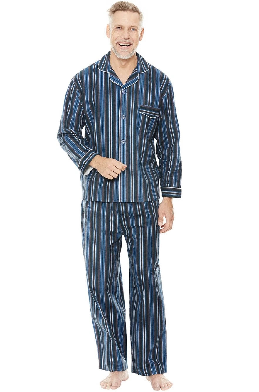 NEW MENS WARM BRUSHED COTTON STRIPED PYJAMA 2PCS SET PJS *CHAMPION KINGSTON*