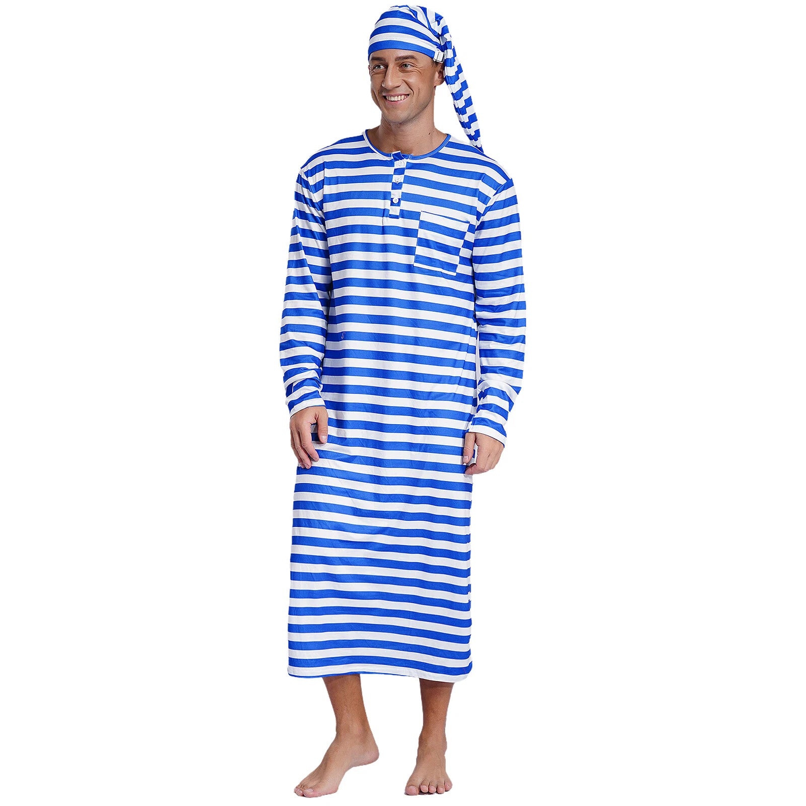 Men's Pajamas Set Long Sleeve Striped Robe Round Neck Loose Sleepwear with Hat