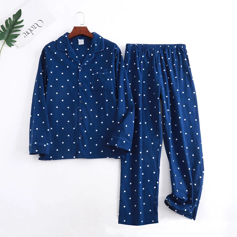 Men's Pajamas Set 100% Cotton Sleepwear Long Sleeve Button Top Pants Nightwear