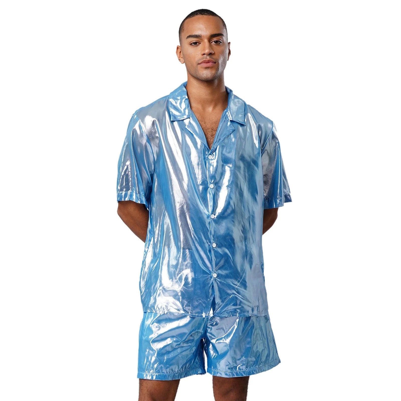 Men Shiny Glossy See-Through Metallic Chiffon Jumpsuit Bodysuit /Pajama Set