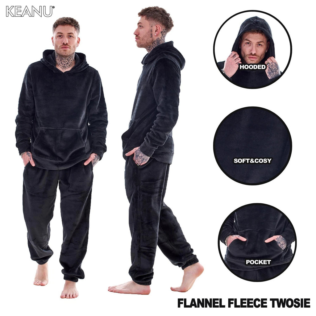 Mens Luxury Flannel Fleece Hooded Pyjamas Twosies Crew Neck Lounge Set Soft Warm