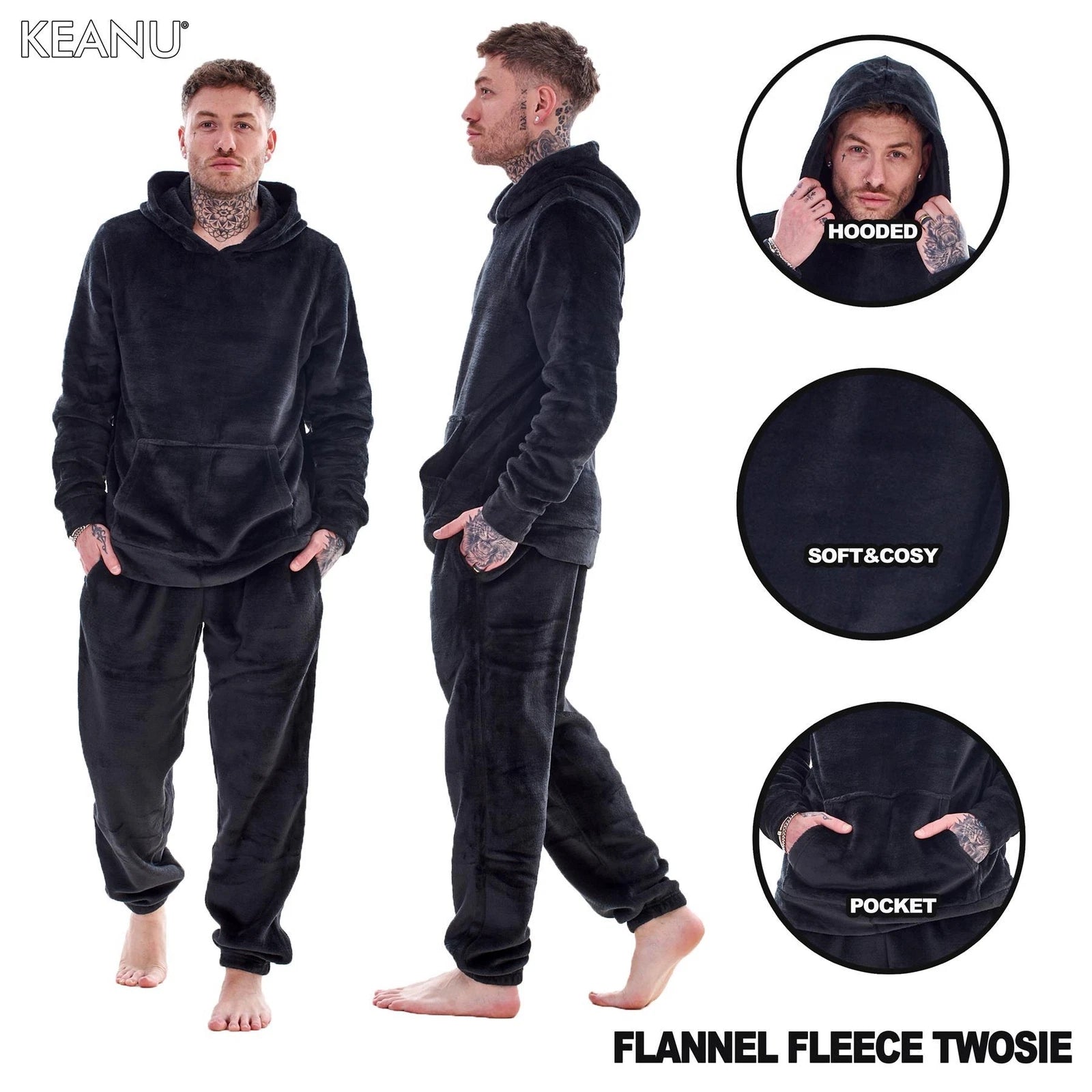 Mens Luxury Flannel Fleece Hooded Pyjamas Twosies Crew Neck Lounge Set Soft Warm
