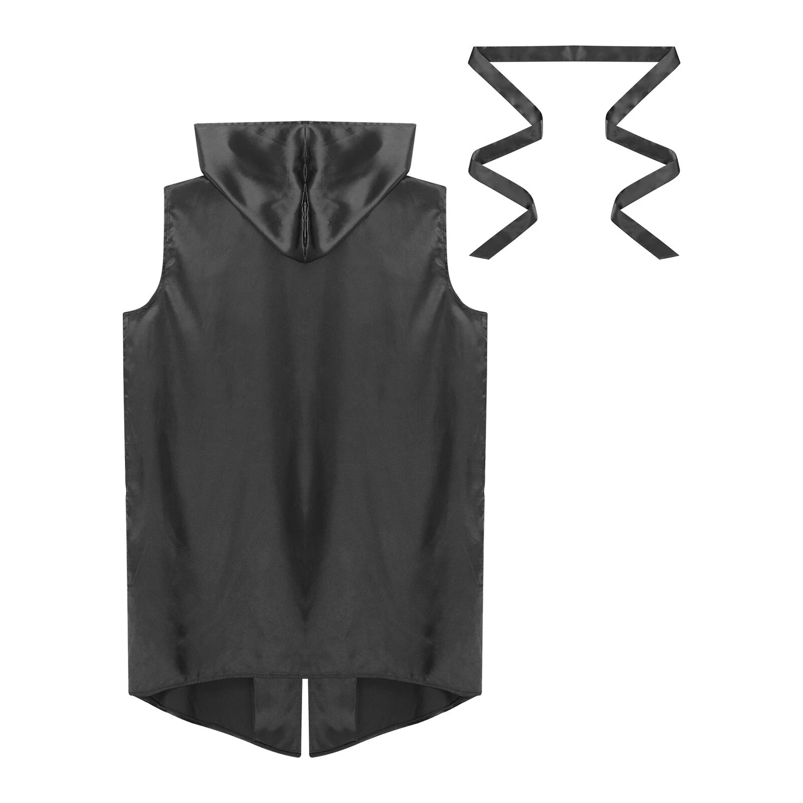Men's Satiny Pajama Robe Set Sleeveless Silk Hooded Bathrobe with Belt Sleepwear