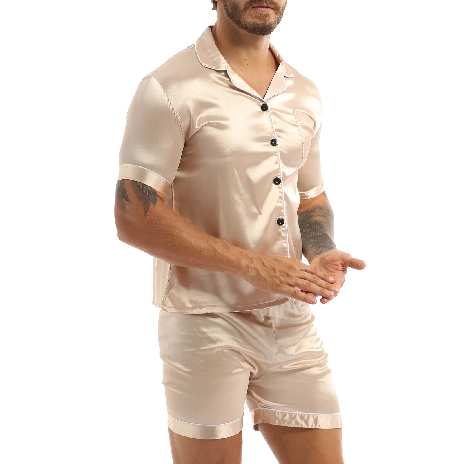 Men's Satin Pajamas Set Soft Silky Loungewear Nightwear Shirts Top with Shorts