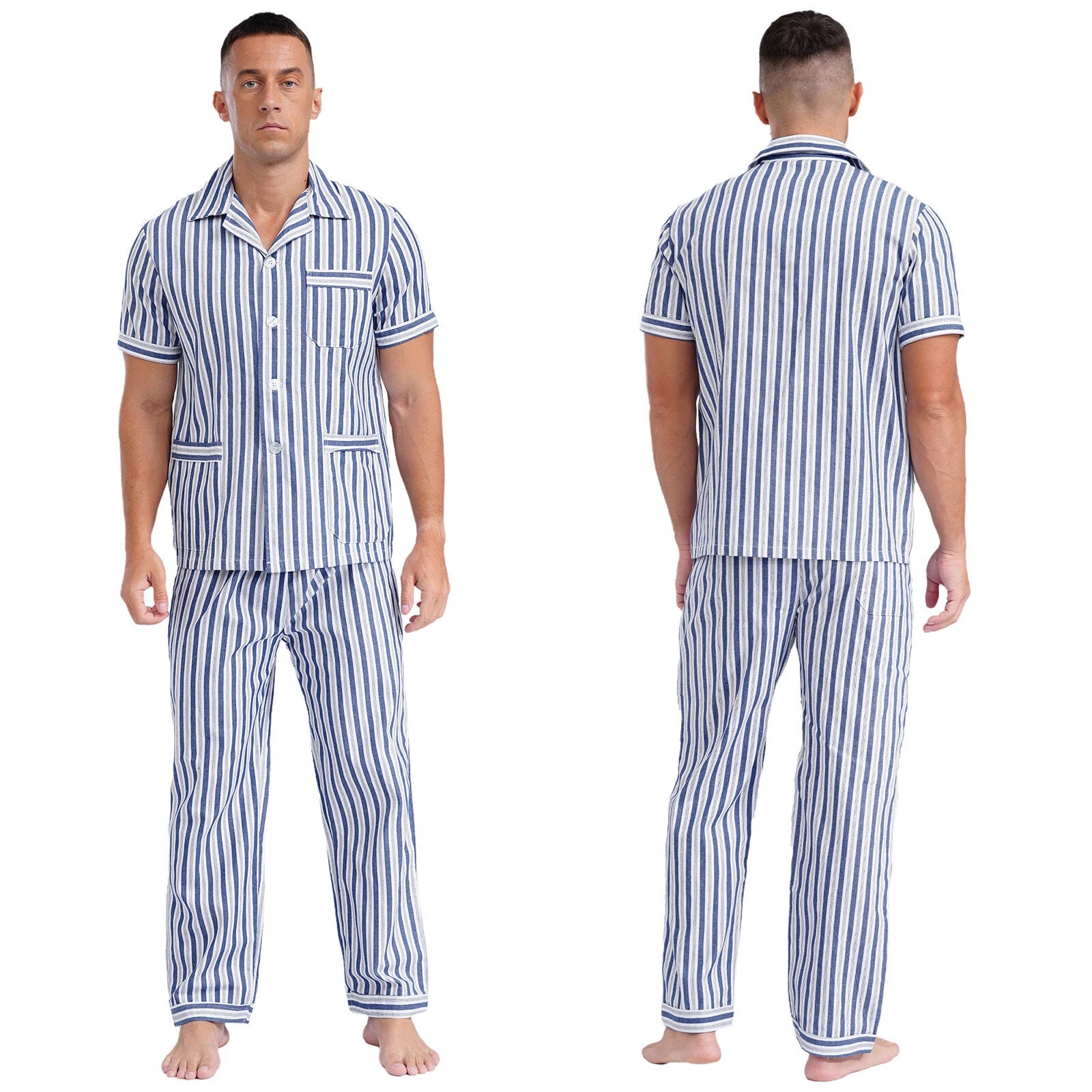 Mens Homewear Button Down Pajama Set Trousers Sleepwear Dailywear Lightweight