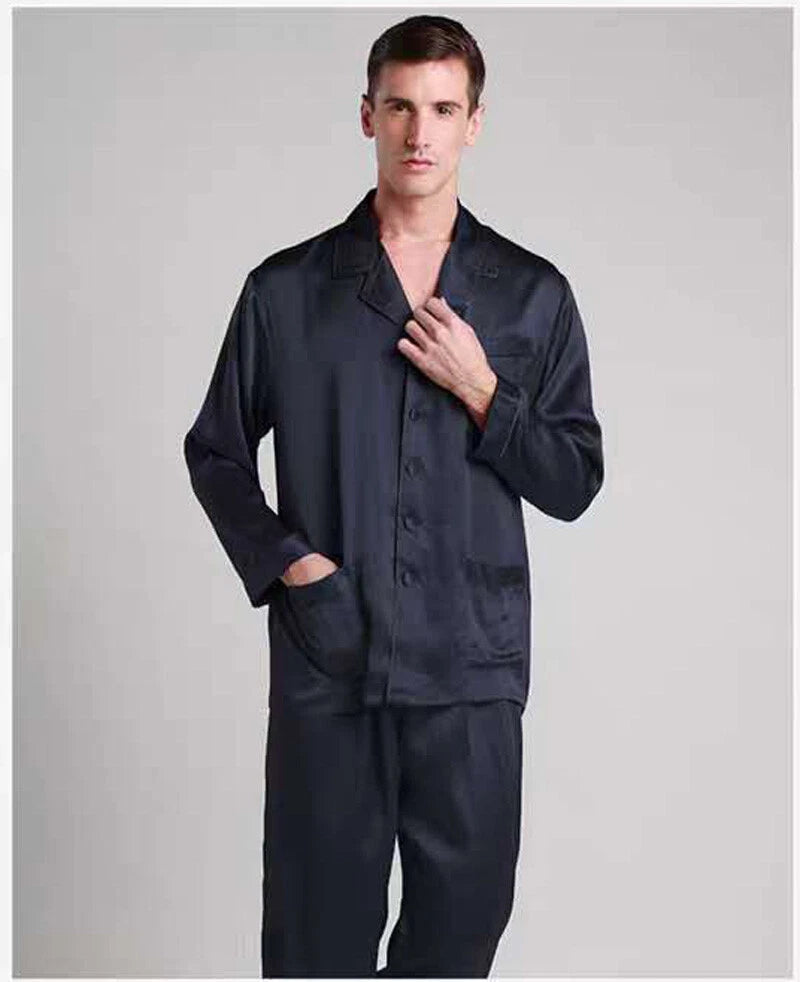 Men's 30MM 100% Pure Mulberry Silk Pajamas Set Long Sleeves Silk Sleepwear S~XXL