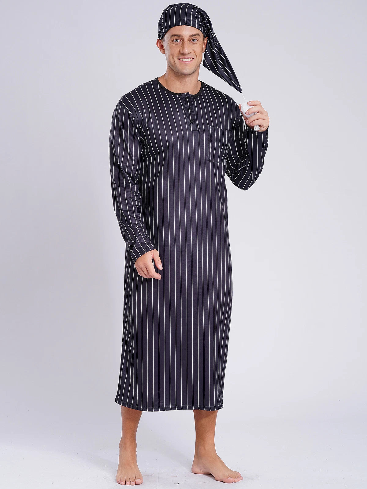 Mens Nightwear Halloween Nightgowns Plaid Pajamas Pompom Loungewear Nightshirt