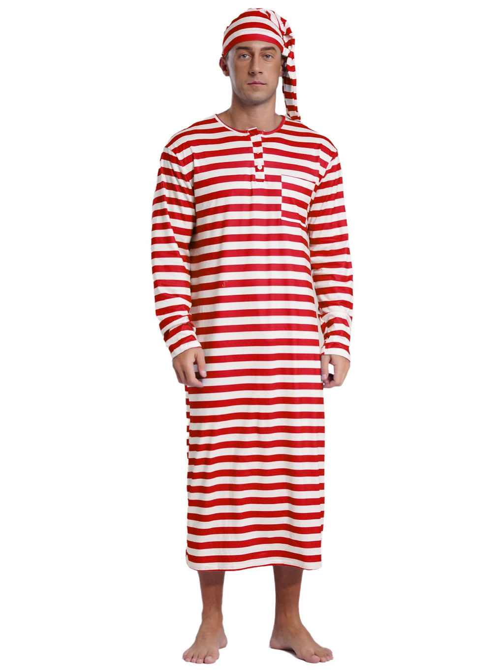 Men's Pajamas Set Long Sleeve Striped Robe Round Neck Loose Sleepwear with Hat