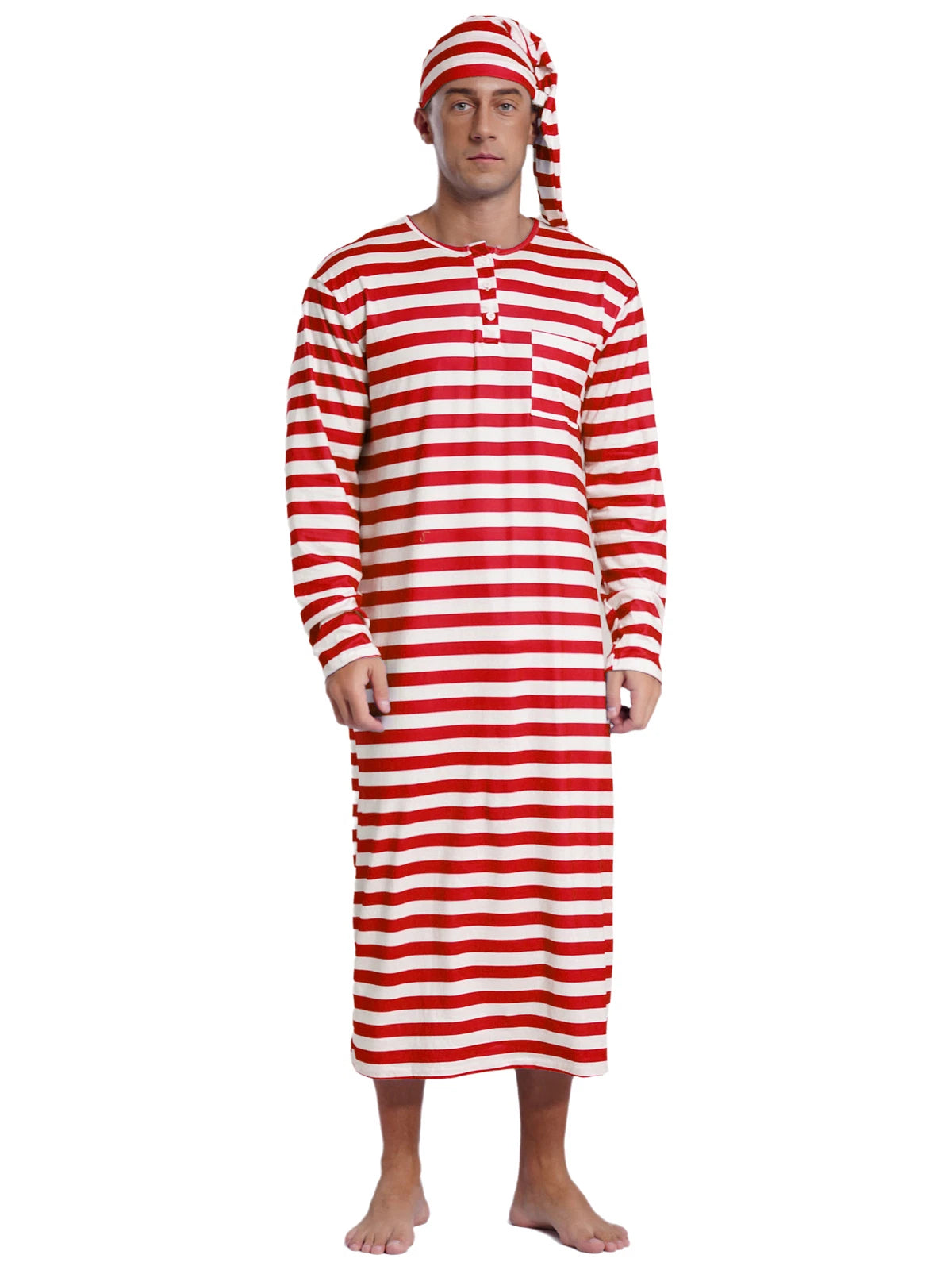 Men's Pajamas Set Long Sleeve Striped Robe Round Neck Loose Sleepwear with Hat