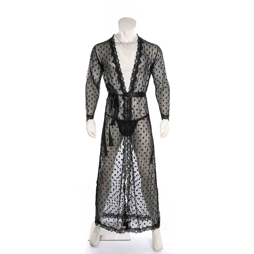 Men Bathrobe Lace Gown Kimono Long Sleeves Robe Pajamas See-through Thong Set