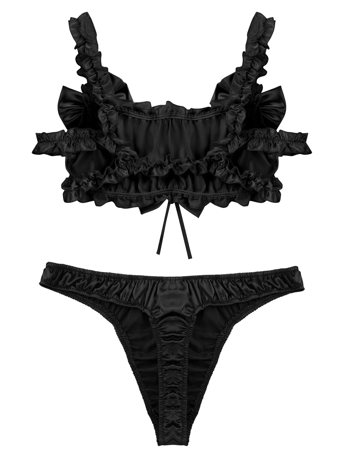 Men Ruffled Lingerie Set Cami Straps Bandeau Bra Thong 2Pcs Crossdresser Pajamas