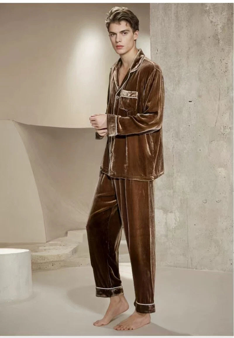 Men's Silk Velvet Pajamas Set Long Sleeves Silk Sleepwear  Camel S M L XL