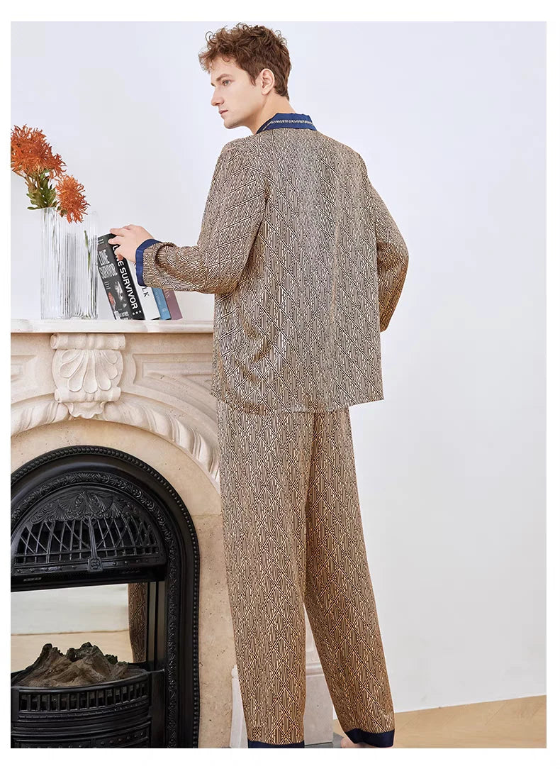 Men's 19MM 100% Pure Mulberry Silk Pajamas Set Print Silk Sleepwear M L XL