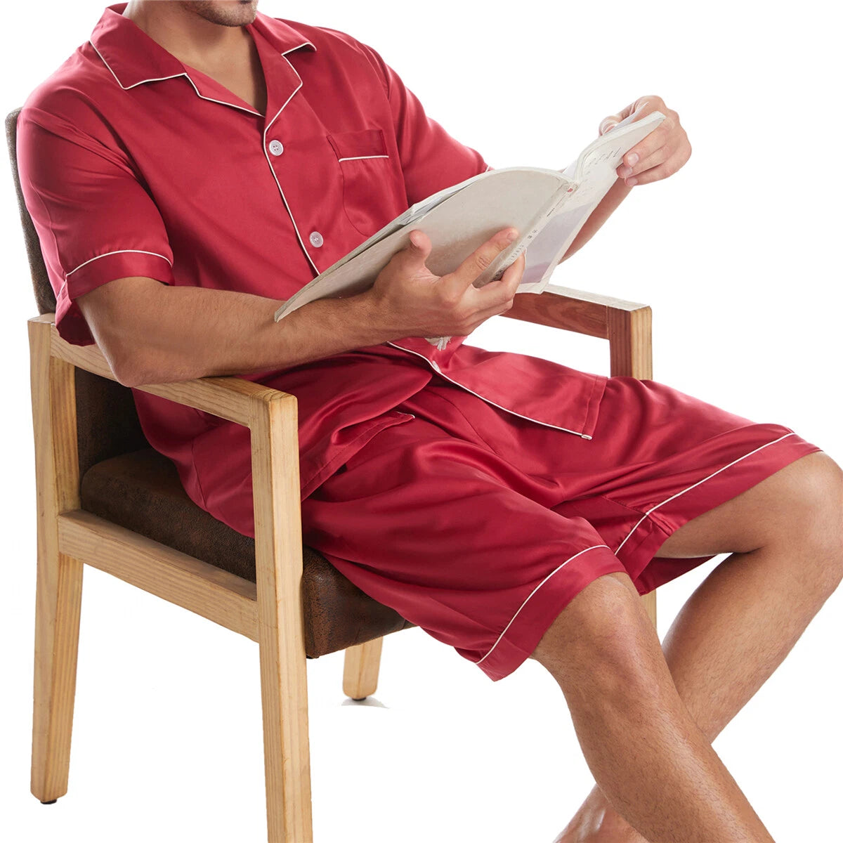Men Satin Pajamas Set Shorts + Shirt Sleepwear Lounge Nightwear Buttons Outfit