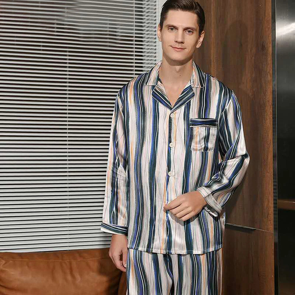 Men's 19MM 100% Silk Pajamas Set Long Sleeves Silk Sleepwear Striped S M L XL