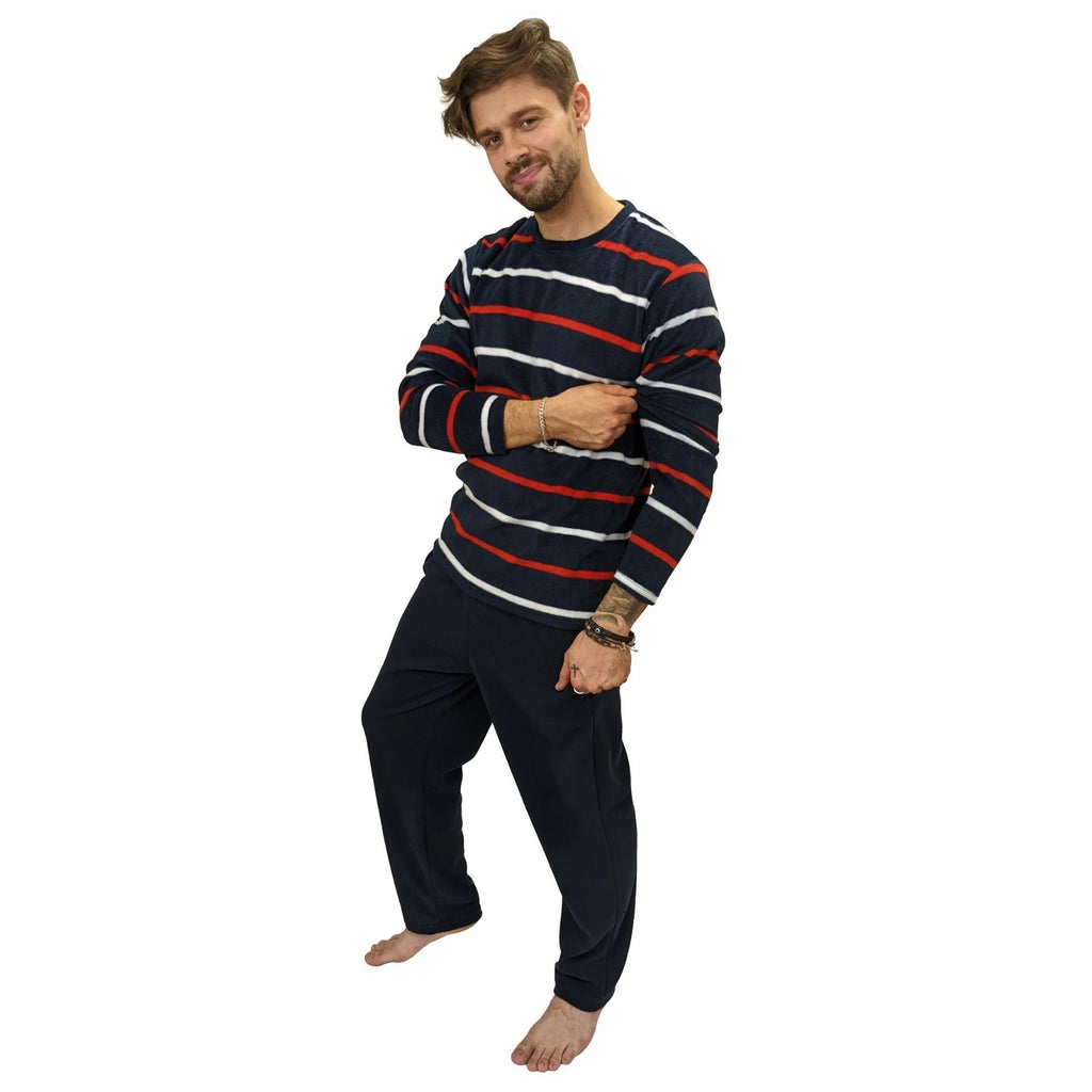Mens Fleece Warm Soft Pyjamas Striped PJ Set Nightwear Nightsuit Pyjama S-4XL