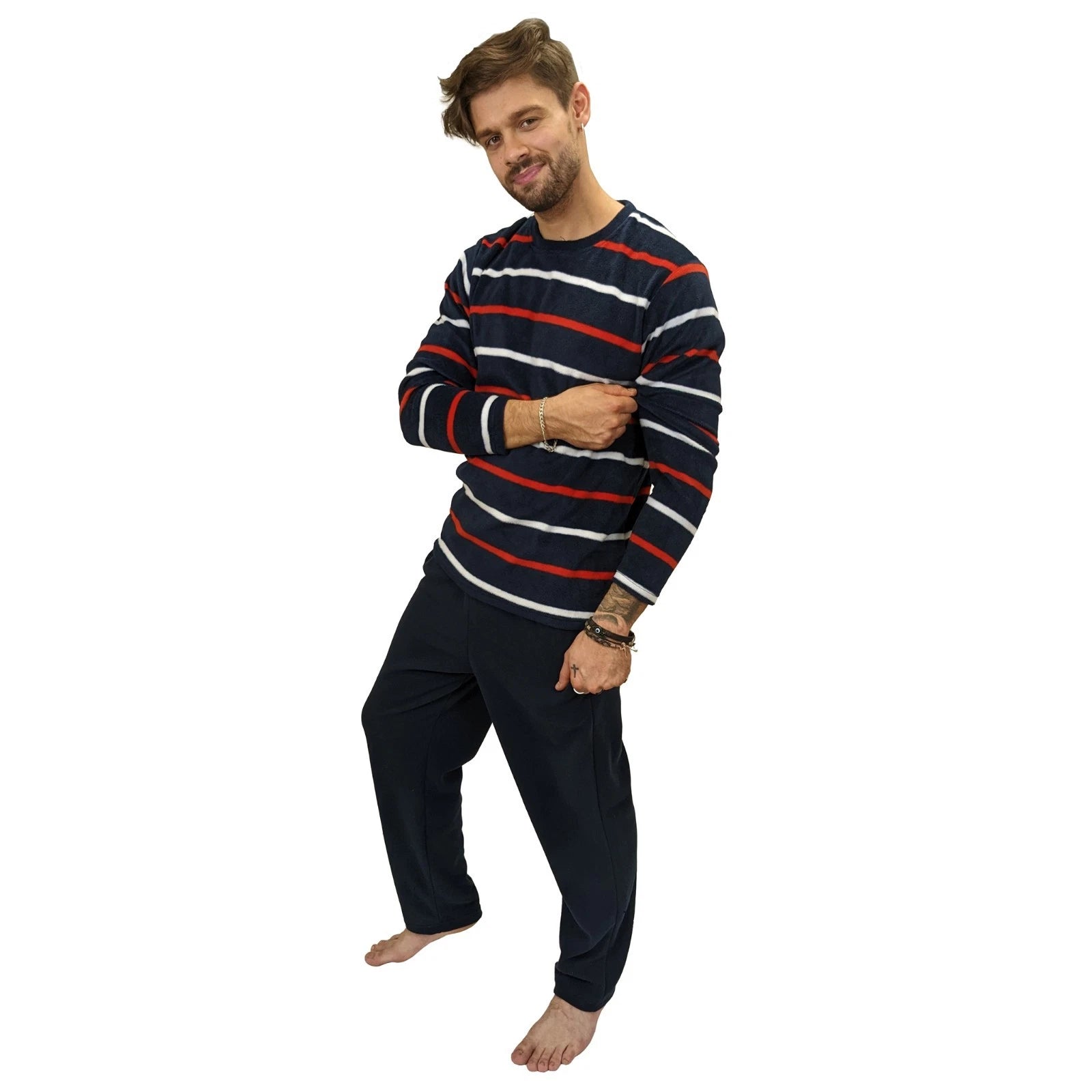 Mens Fleece Warm Soft Pyjamas Striped PJ Set Nightwear Nightsuit Pyjama S-4XL