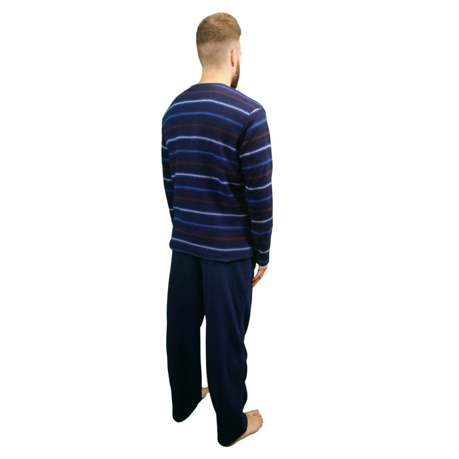 Mens Fleece Warm Soft Pyjamas Striped PJ Set Nightwear Nightsuit Pyjama S-4XL