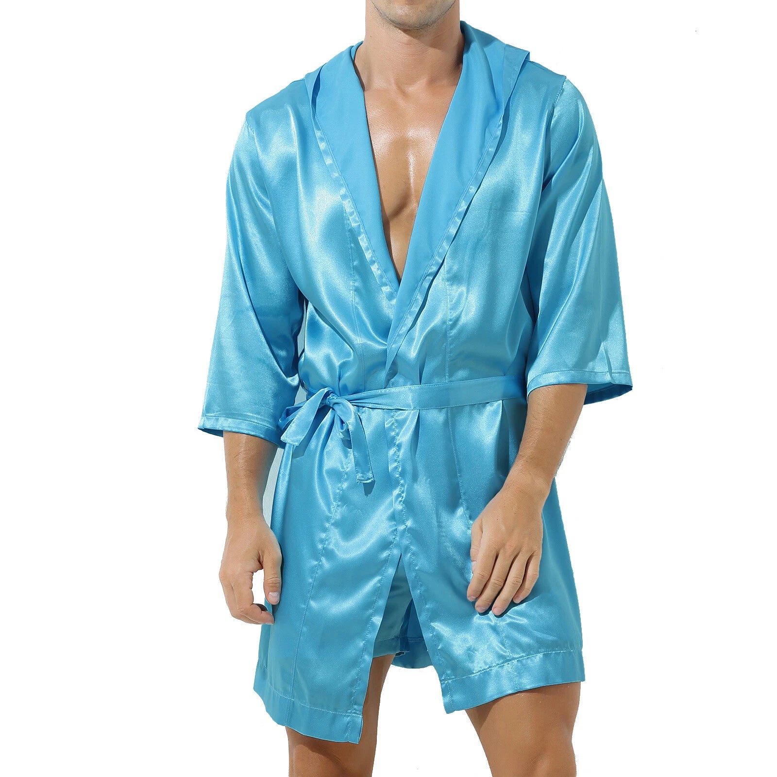 Men's Hooded Robe Set Silk Satin Night Gown Bathrobe Pajama Hot Pants Underwear