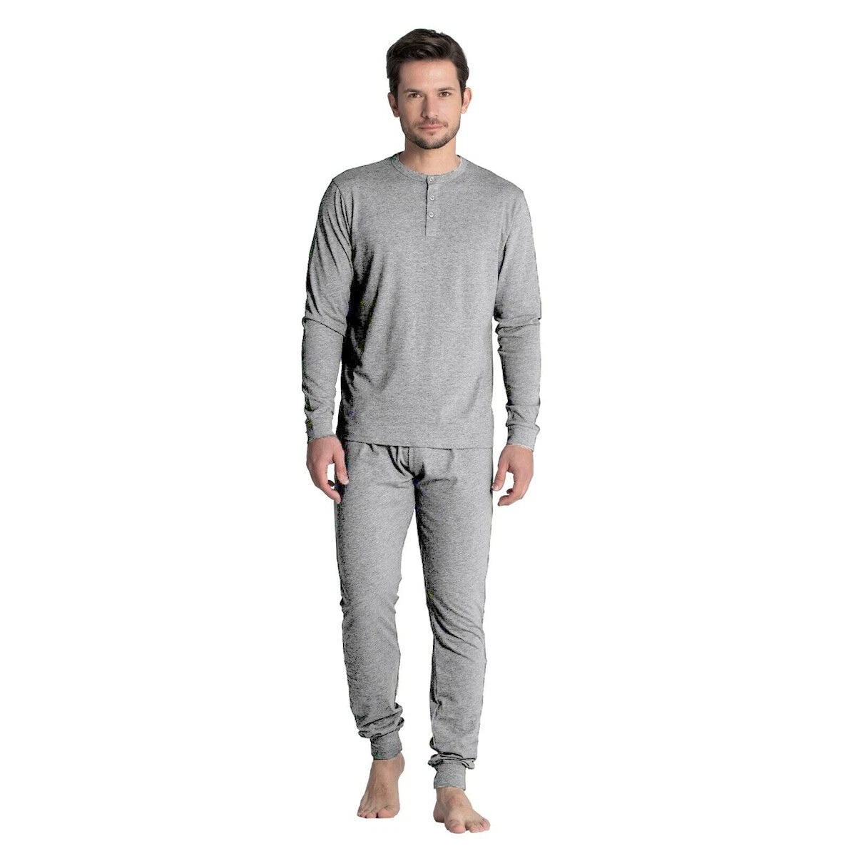 Mens Henley Pyjamas Sets PJ's Nightwear Loungewear Button Up Long Sleeve Tops