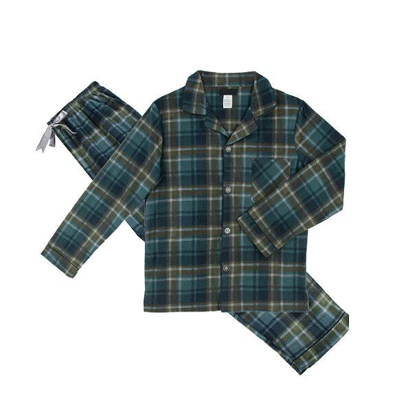 Men's Plaid Fleece 2 Piece Sleep Button Up Drawstring Waist Classic Pajama Set