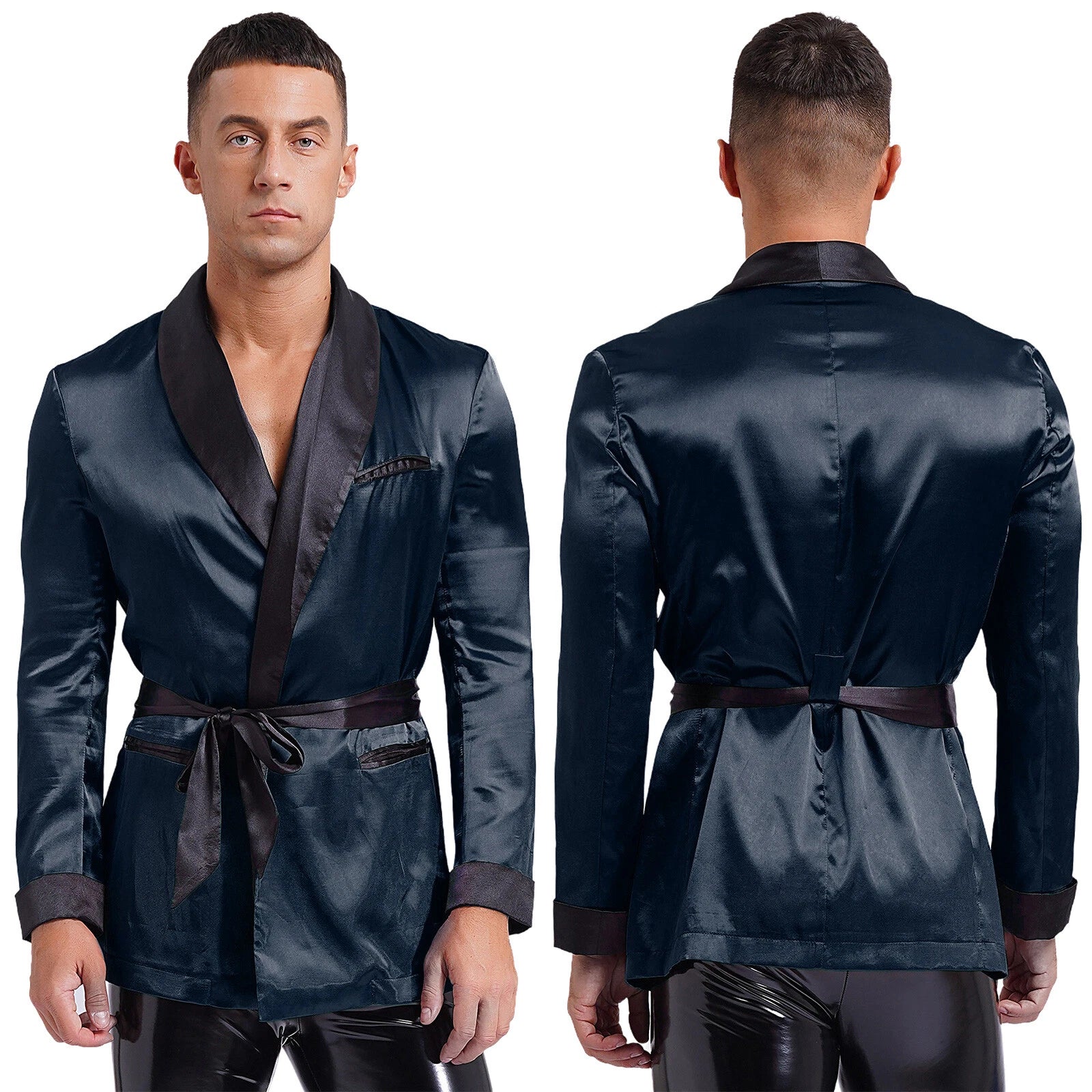 Men's Silk Satin Pajamas Set Short Sleeves Top and Bottom Boxer Shorts Shirt Set