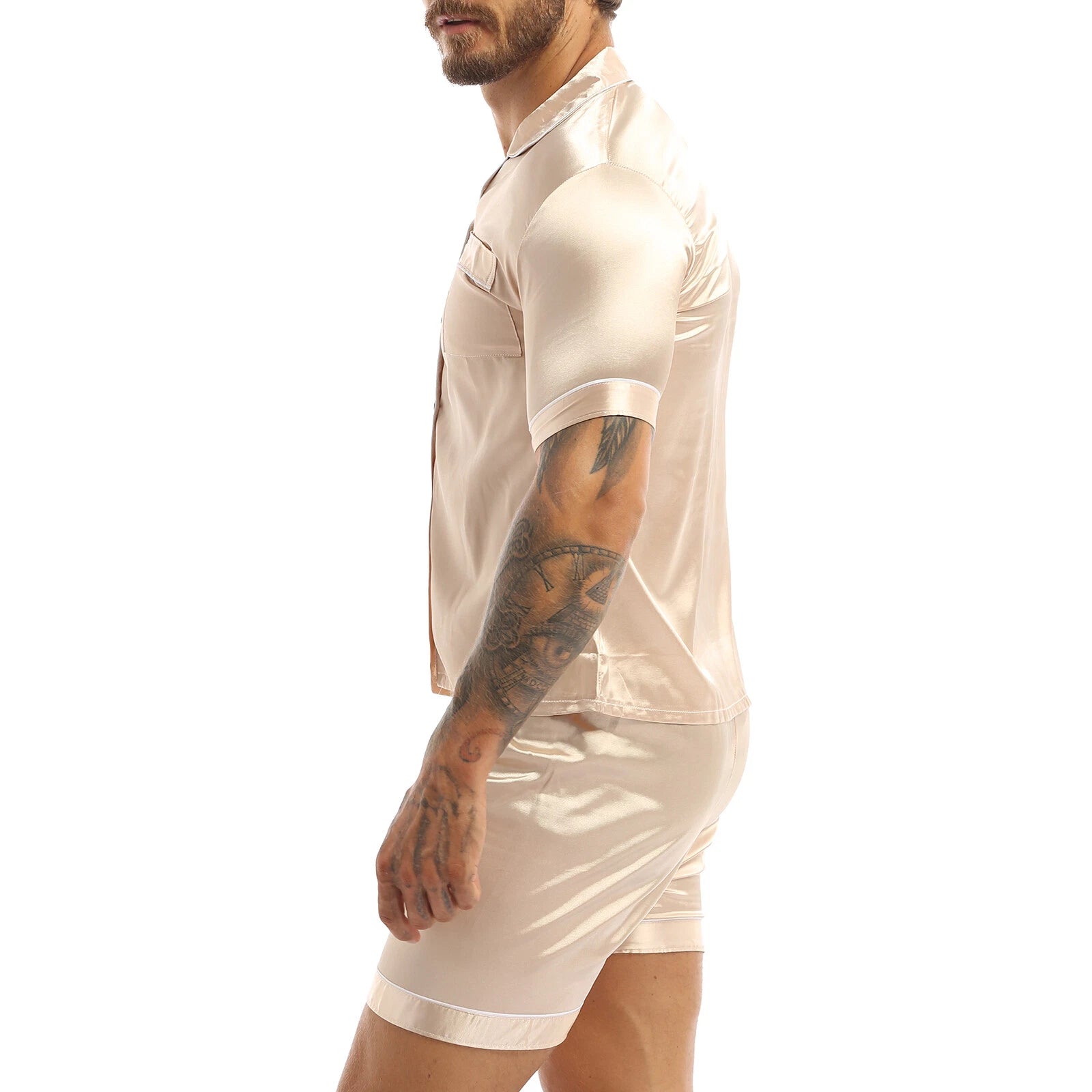 Men Silk Satin Pajamas Set Shirt Top Shorts Pants Long Robe Sleepwear Nightwear
