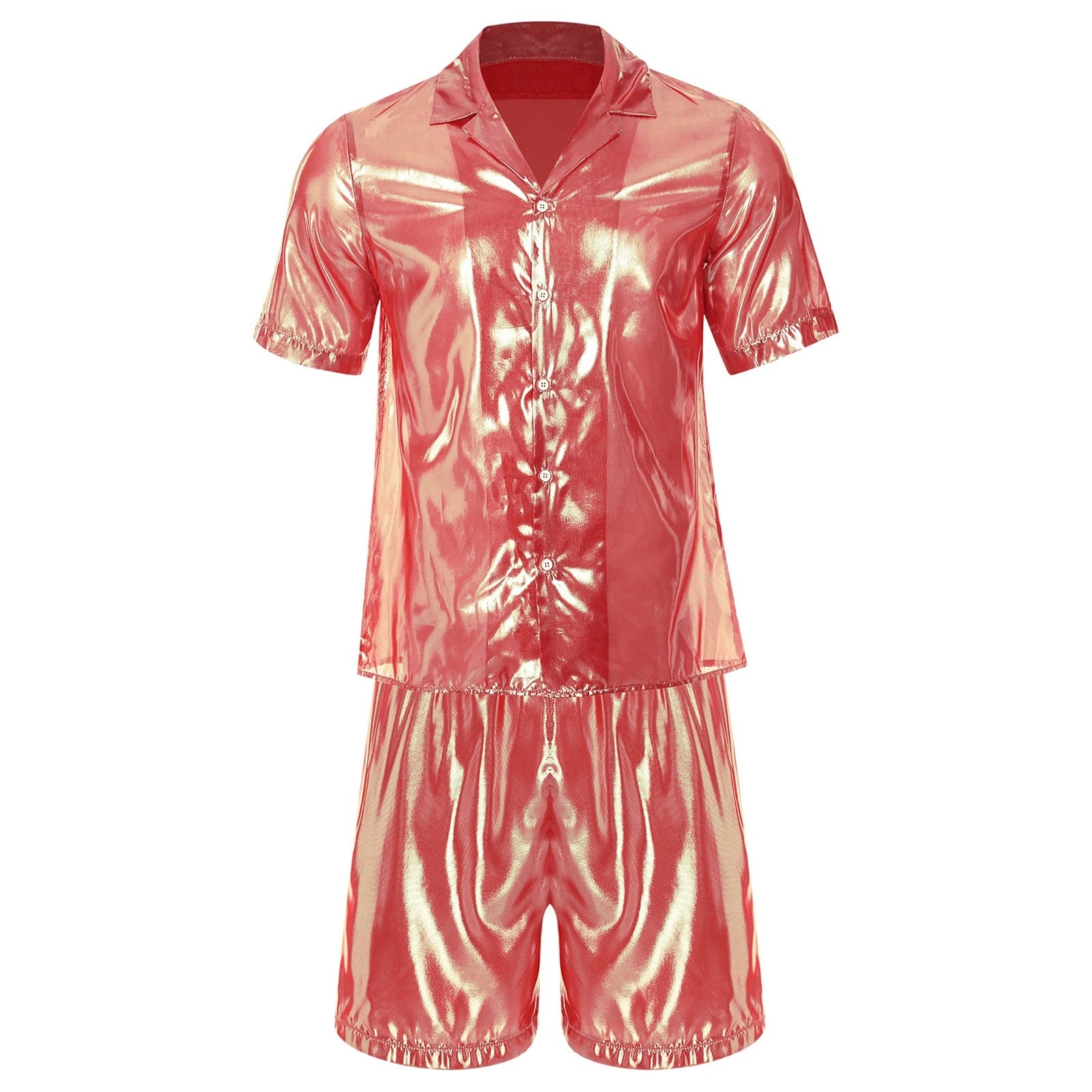 Men Shiny Glossy See-Through Metallic Chiffon Jumpsuit Bodysuit /Pajama Set