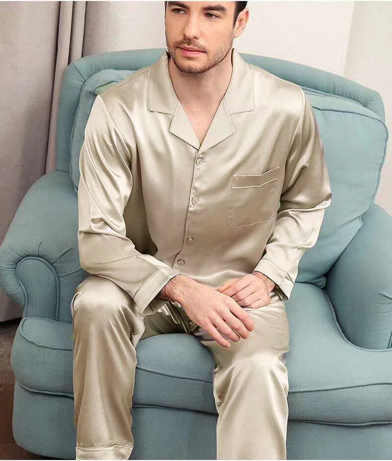 Men's 30MM 100% Pure Mulberry Silk Pajamas Set Long Sleeves Silk Sleepwear S~XXL