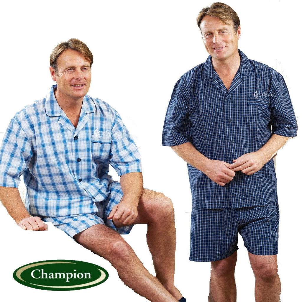 Mens Champion Richmond Polycotton Short Sleeve Check Short Pyjamas Size M to 3XL