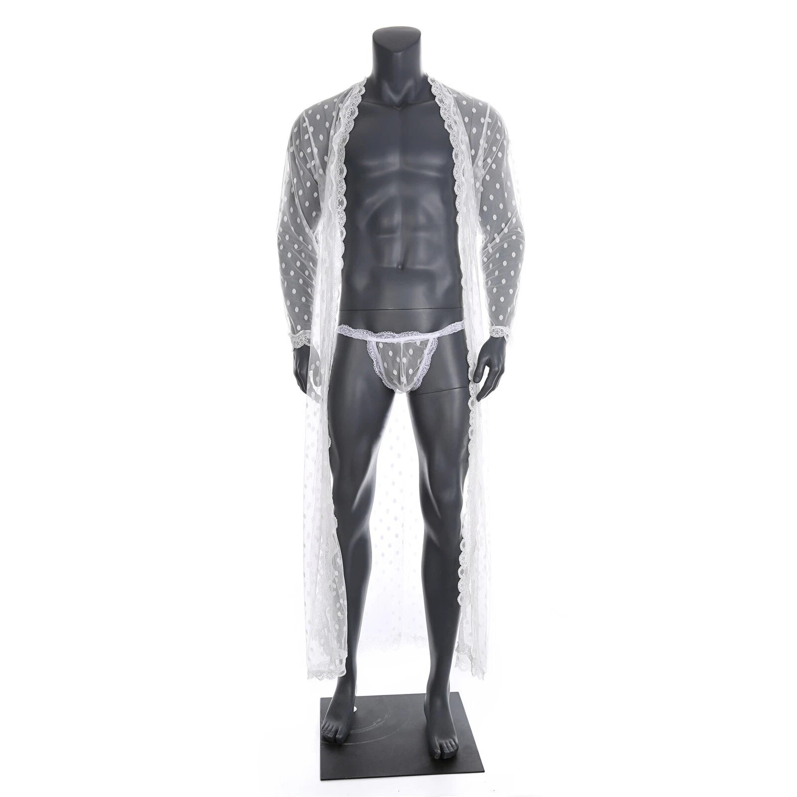 Men Bathrobe Lace Gown Kimono Long Sleeves Robe Pajamas See-through Thong Set