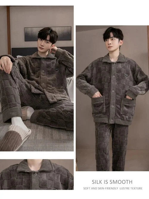 2Pcs/set Men's Pajamas Autumn Winter Padded Long-sleeved Trousers Coral Fleece