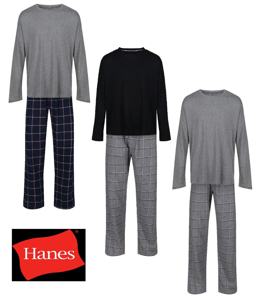 MENS PYJAMAS HANES KNIT TOP FLANNEL PANT PJ SETS S-XXL LOUNGE SLEEP NIGHT WEAR
