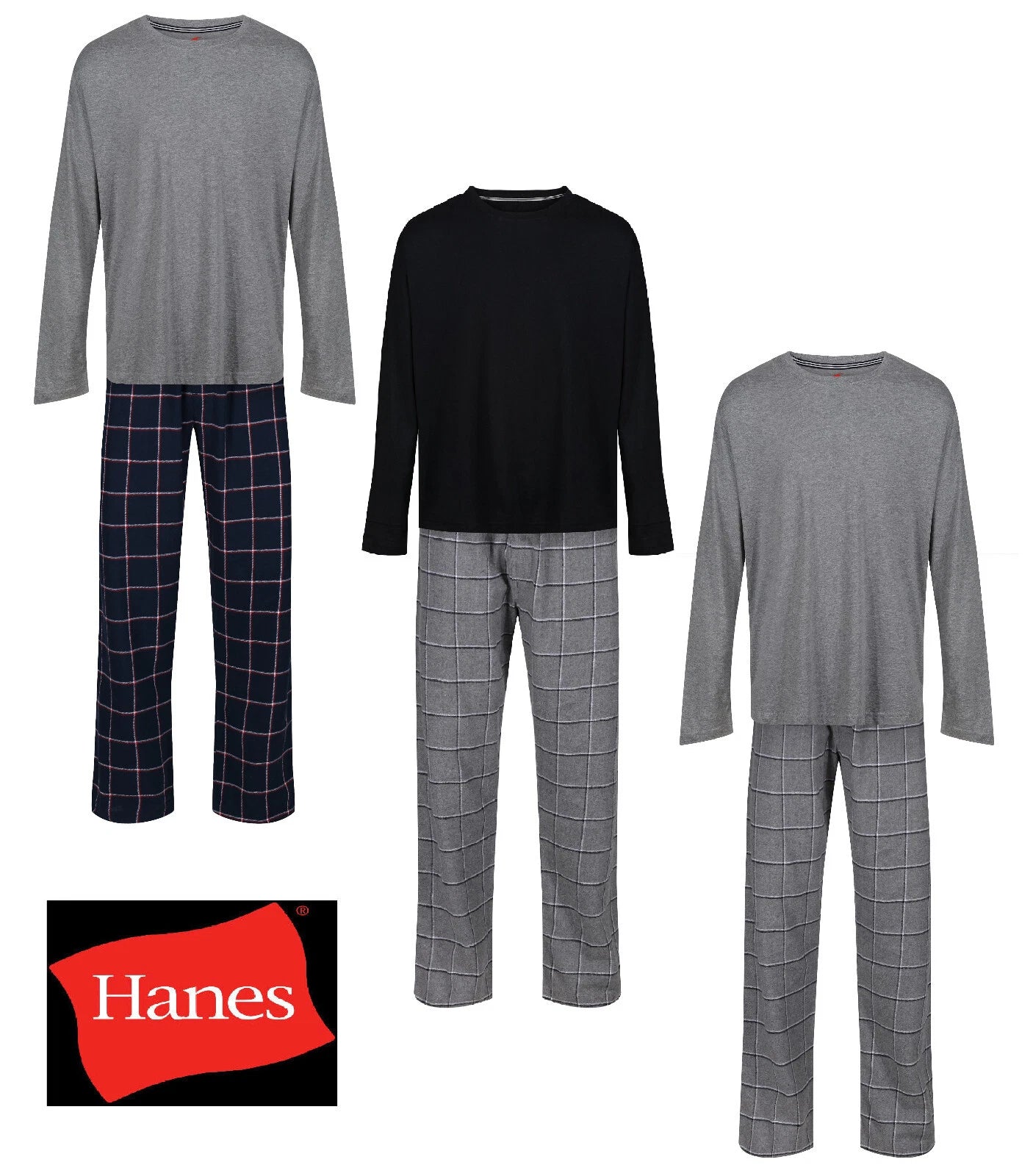MENS PYJAMAS HANES KNIT TOP FLANNEL PANT PJ SETS S-XXL LOUNGE SLEEP NIGHT WEAR